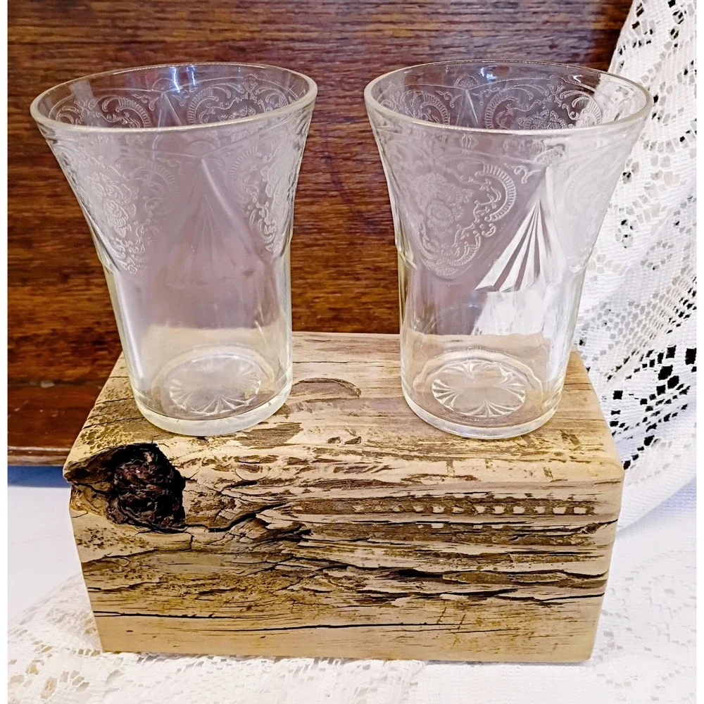 Vintage Etched Clear Glass Juice Tumblers Floral Scroll Pattern Set of 2 4 inch